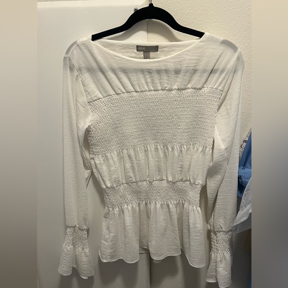 White chiffon scrunchy peasant blouse comfy office - Picture 2 of 6